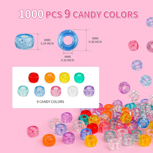 Paodey 1000+pcs Glitter Beads Pony Beads Bulk, Acrylic Beads 9mm Large Plastic Beads for Bracelets Big Hole Hair Braids Crafts DIY Projects
