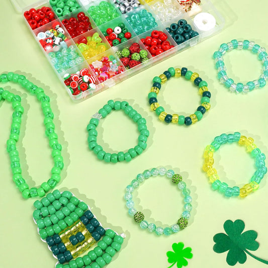 Paodey St. Patrick’s Day Green Pony Beads Kit, Jewelry Making Spring Irish St. Patrick’s Party Decoration Bracelets DIY Crafts Gold Orange Green Assorted Plastic Beads for Necklace Keychain Making Crafts