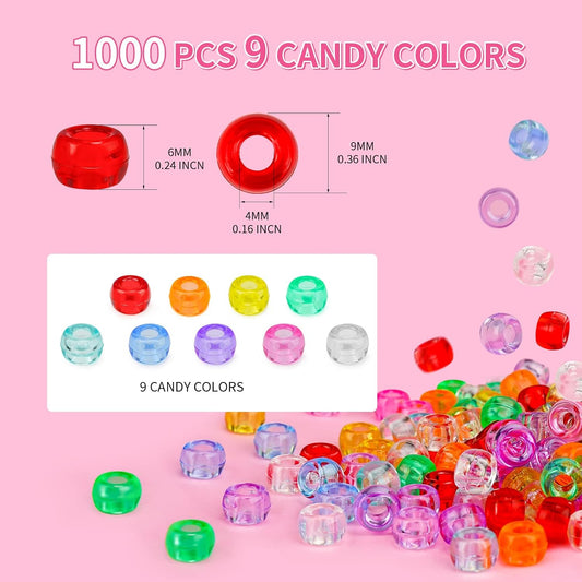 Paodey Transparent Pony Beads 1000+pcs Mix Color Plastic Beads, Crystal Beads Bulk, Kandi Beads Refill Beads for Crafts, PD-PONY-CLEAR-1000