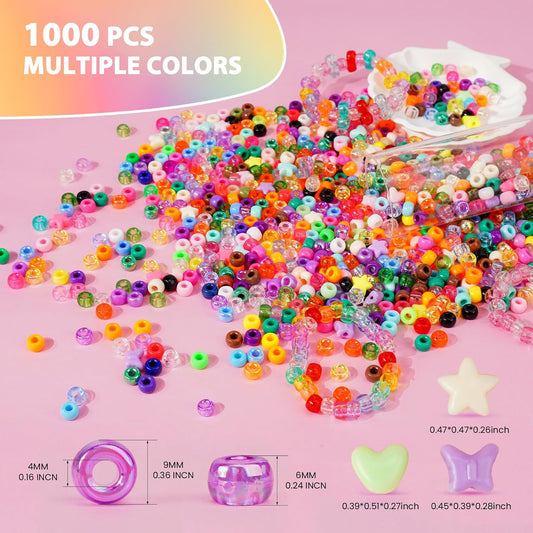 Paodey Pony Beads 1000+pcs Plastic Beads 9mm Rave Kandi Spacer Beads for Jewelry Making, DIY Face Mask Hair Beads Bracelet Making Kit for Girls, Cute Heart Beads Star Beads Butterfly Beads
