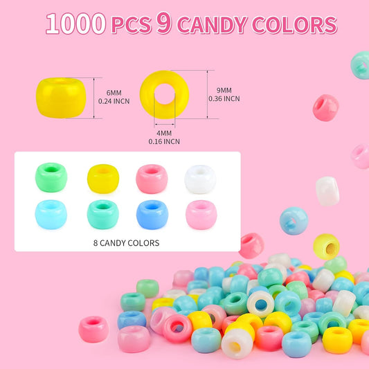 Paodey Pony Beads 1000+pcs Acrylic Kandi Beads Refill Plastic Pastel Beads Pony Beads for DIY Crafts Braids Bracelets Mixed Macaron Color Beads