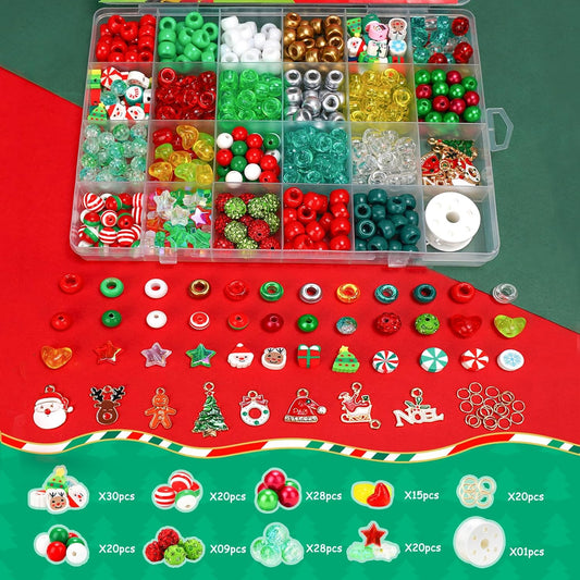 Christmas Beads for Bracelets, 500Pcs Pony Beads Kit with Christmas Tree Snowflake Charms Xmas Party Decor Red Green Assorted Beads Gifts for Girls Kids DIY Jewelry Making Crafts Stocking Stuffers