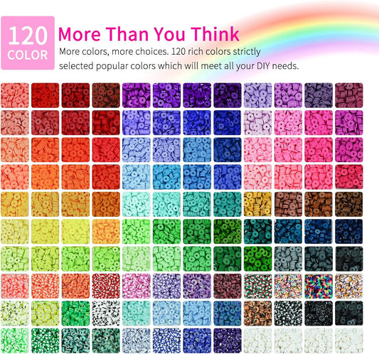 Paodey 20,000 Pcs Clay Beads Bracelet Making Kit, 120 Colors 6 Boxes Polymer Beads Spacer Heishi Beads & Jewelry Kit with Pendant Charms Elastic Strings, Crafts Gift for Kids Adults