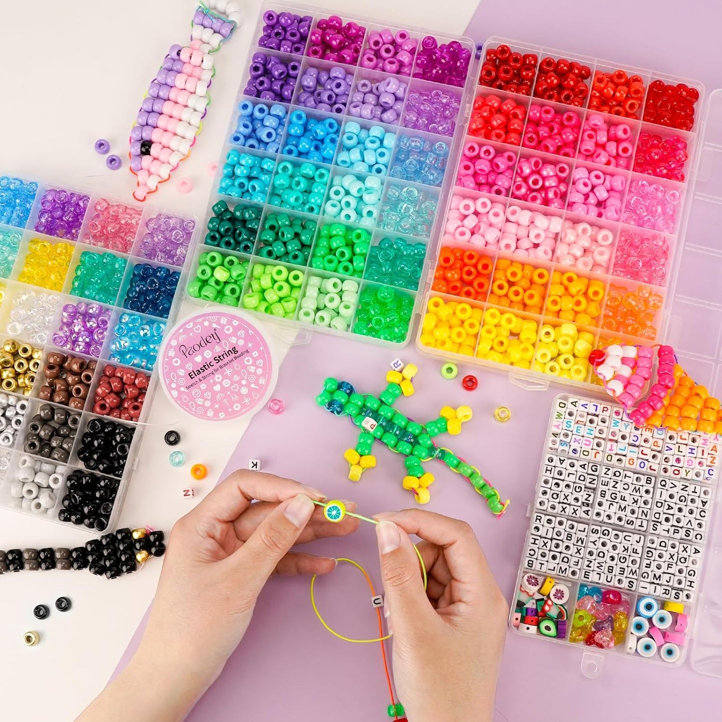 Paodey 4 Boxes Pony Beads 72 Colors 9mm Friendship Bracelets Making Kit, Rainbow Kandi Beads Bulk Letter Beads for Name Bracelets Jewelry Making Crafts with Elastic String