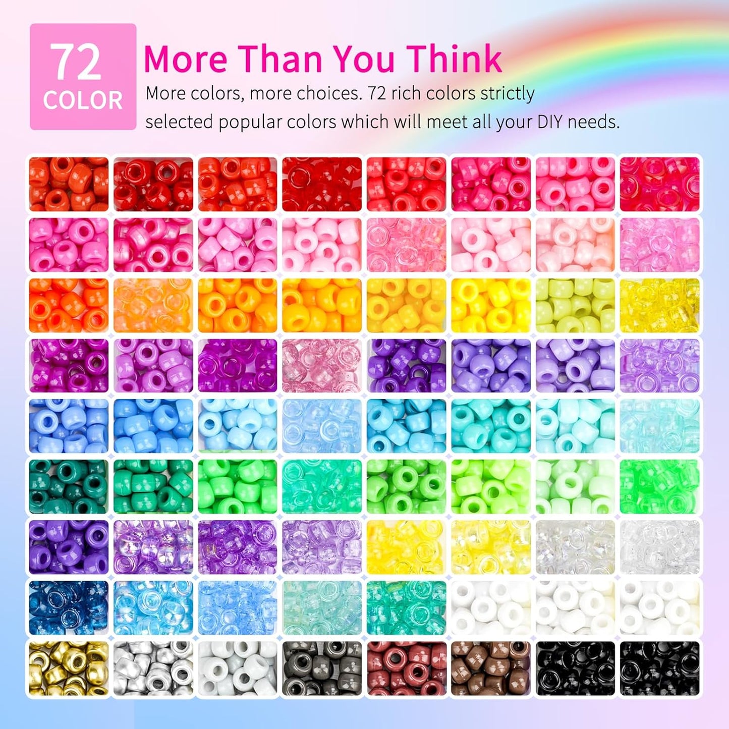 Paodey 4 Boxes Pony Beads 72 Colors 9mm Friendship Bracelets Making Kit, Rainbow Kandi Beads Bulk Letter Beads for Name Bracelets Jewelry Making Crafts with Elastic String