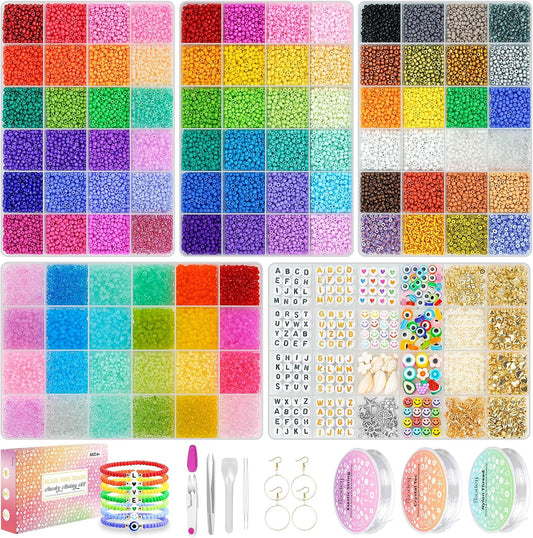 Paodey Friendship Bracelet Kit 3mm Seed Beads, 30000 Pcs 8/0 Glass Seed Beads 96 Colors Small Beads Bulk with Letter Bead Charms for Jewelry Making Girls Rings Necklaces Waist Chain DIY Craft Gift