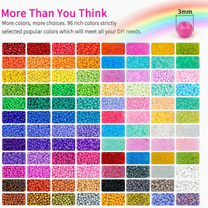 Paodey Friendship Bracelet Kit 3mm Seed Beads, 30000 Pcs 8/0 Glass Seed Beads 96 Colors Small Beads Bulk with Letter Bead Charms for Jewelry Making Girls Rings Necklaces Waist Chain DIY Craft Gift