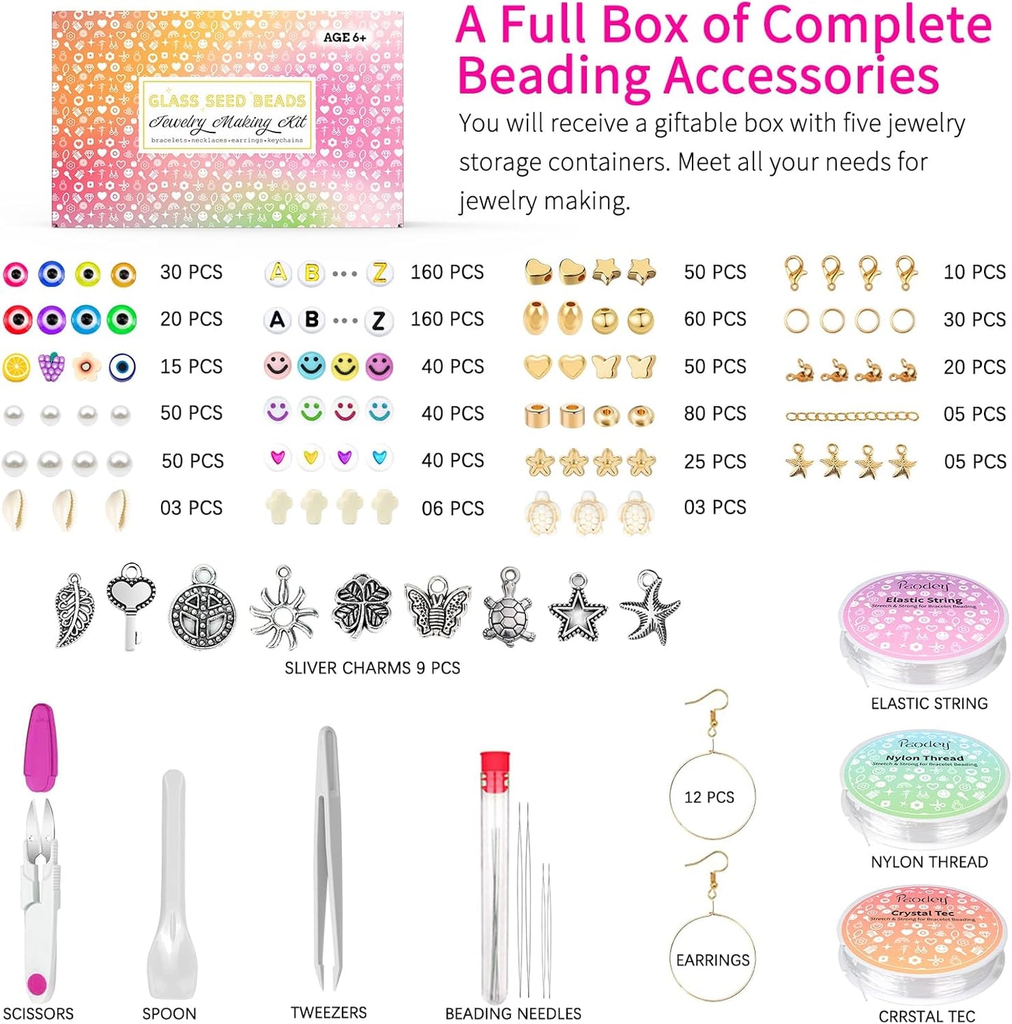 Paodey Friendship Bracelet Kit 3mm Seed Beads, 30000 Pcs 8/0 Glass Seed Beads 96 Colors Small Beads Bulk with Letter Bead Charms for Jewelry Making Girls Rings Necklaces Waist Chain DIY Craft Gift