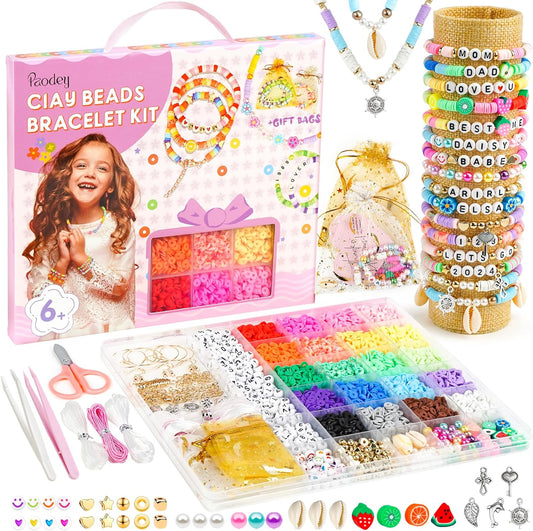 Paodey Girls Gifts Bracelet Making Kit, 20 Colors Polymer Clay Beads with Charms Arts and Crafts Kit Jewelry Making Set Birthday Gift Idea Girl Toys Gifts Party Favors for Kids Ages 6-13