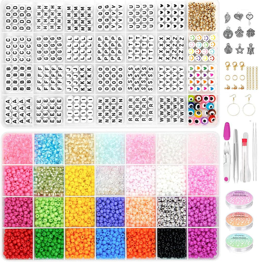 Paodey 4mm Seed Beads Uniform, 1000pcs Letter Beads, 28 Colors 6500pcs Size 6 Glass Seed Beads for Bracelets Making, Loom for Name Friendship Bracelets Jewelry Making Kit with Tools