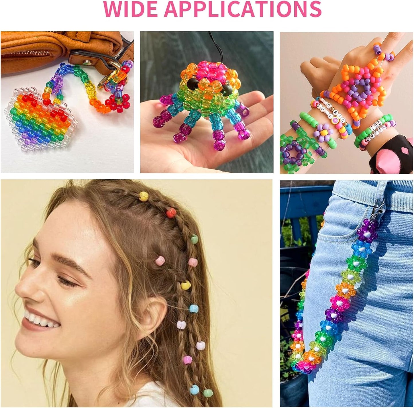 Paodey 1000+pcs Glitter Beads Pony Beads Bulk, Acrylic Beads 9mm Large Plastic Beads for Bracelets Big Hole Hair Braids Crafts DIY Projects