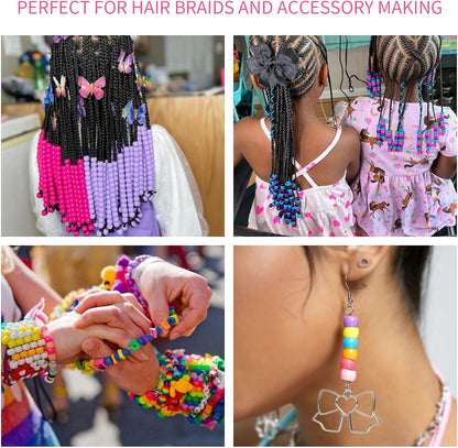 Paodey 1000+pcs Glitter Beads Pony Beads Bulk, Acrylic Beads 9mm Large Plastic Beads for Bracelets Big Hole Hair Braids Crafts DIY Projects