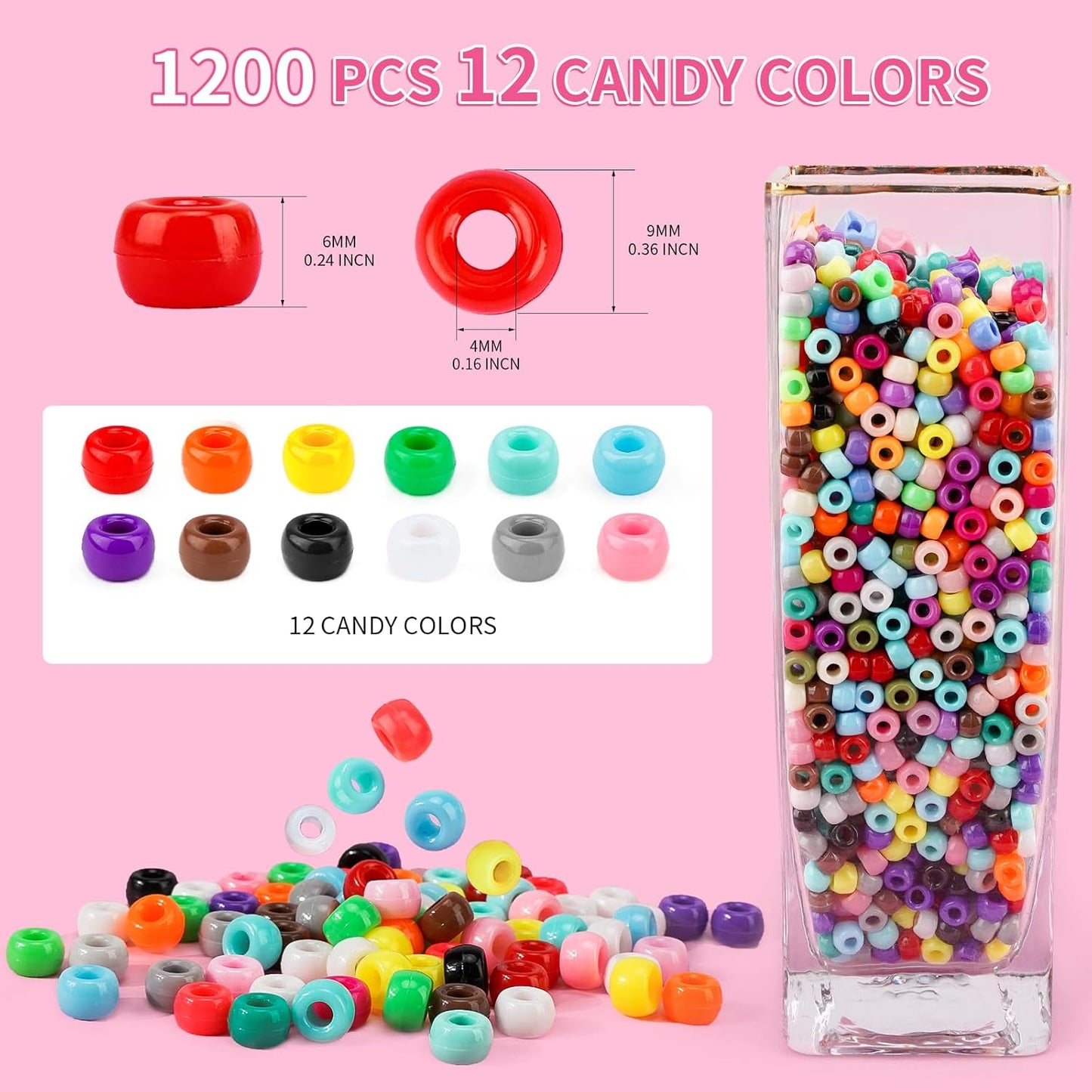 Paodey 1200+pcs Pony Beads 9mm Kandi Beads for Bracelets, Hair Beads for Braids Plastic Colorful Beads Bulk Acrylic Assorted Beads for Crafts Keychains Jewelry Friendship Bracelet Kit