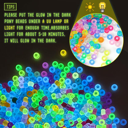 Paodey Pony Beads Glow in The Dark 1000pcs Neon Beads, Bracelet Beads 9mm Luminous Bulk Beads for Hair Braiding, Colored UV Beads for Crafts Kandi Beads Kit
