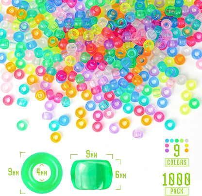 Paodey Pony Beads Glow in The Dark 1000pcs Neon Beads, Bracelet Beads 9mm Luminous Bulk Beads for Hair Braiding, Colored UV Beads for Crafts Kandi Beads Kit