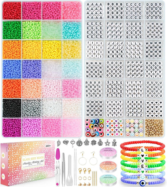 Paodey 12,000pcs 3mm Uniform Seed Beads Size 8, 1000 Pcs Letter Beads 28 Colors Loom Seed Beads for Jewelry Making, Tiny Beads for Bracelets Making