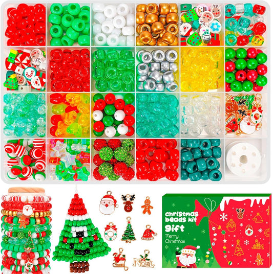 Christmas Beads for Bracelets, 500Pcs Pony Beads Kit with Christmas Tree Snowflake Charms Xmas Party Decor Red Green Assorted Beads Gifts for Girls Kids DIY Jewelry Making Crafts Stocking Stuffers