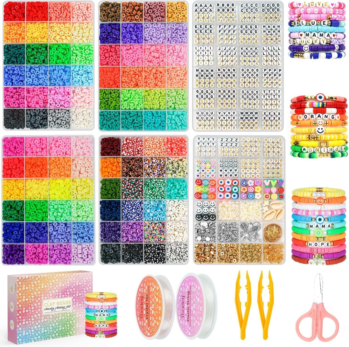 Paodey Friendship Bracelet Making Kit 96 Colors, 900pcs Letter Beads, 100pcs Number Beads, Gold Silver Spacer Beads Charms Clay Beads for Concert Friendship Bracelets Jewelry Polymer Heishi Beads