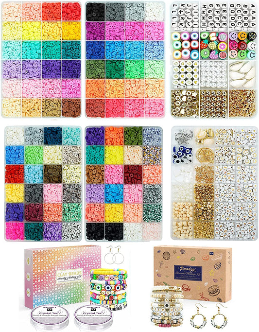  Paodey 32,000pcs Clay Beads Bracelet Kit, 168 Colors 9 Boxes  Polymer Beads Kit, Jewelry Making Kit with 546pcs Gold/Black Letter Beads,  4 Rolls Elastic Strings, Craft Gift for Girls Teens Adults