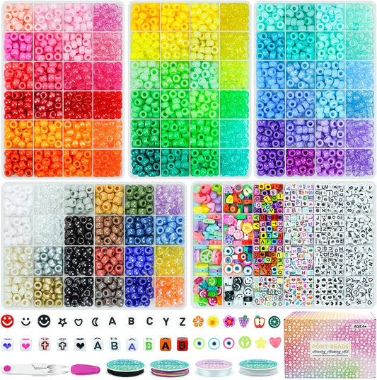 Paodey 5 Boxes Bracelet Making Kit Pony Beads, 96 Colors 6x9mm Kandi Rave Beads for Bracelets Friendship Plastic Beads with 800Pcs Letter Bead DIY Arts and Crafts for Kids Adults Keychain Jewelry Making
