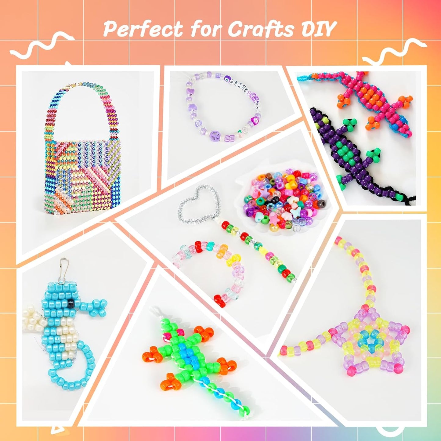 Paodey Pony Beads 1000+pcs Plastic Beads 9mm Rave Kandi Spacer Beads for Jewelry Making, DIY Face Mask Hair Beads Bracelet Making Kit for Girls, Cute Heart Beads Star Beads Butterfly Beads