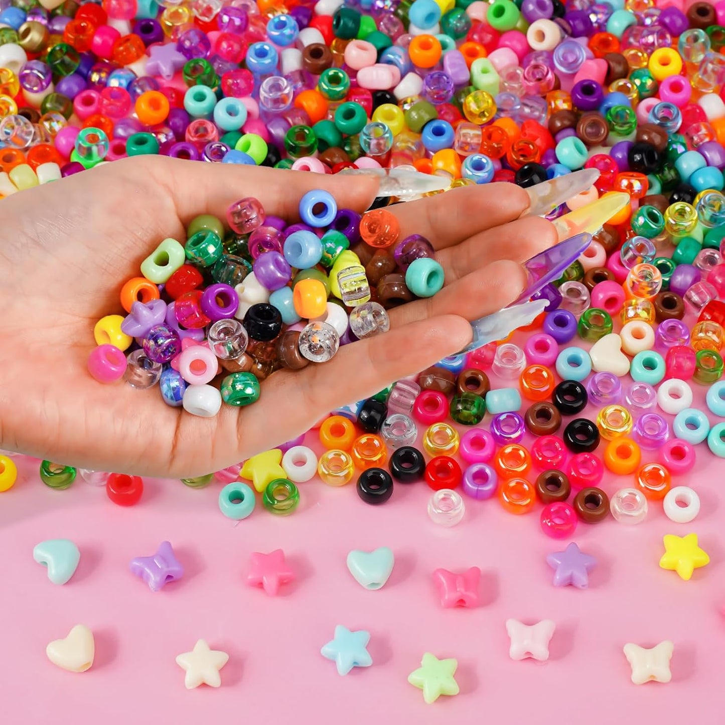 Paodey Pony Beads 1000+pcs Plastic Beads 9mm Rave Kandi Spacer Beads for Jewelry Making, DIY Face Mask Hair Beads Bracelet Making Kit for Girls, Cute Heart Beads Star Beads Butterfly Beads