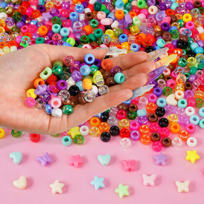 Paodey Pony Beads 1000+pcs Plastic Beads 9mm Rave Kandi Spacer Beads for Jewelry Making, DIY Face Mask Hair Beads Bracelet Making Kit for Girls, Cute Heart Beads Star Beads Butterfly Beads