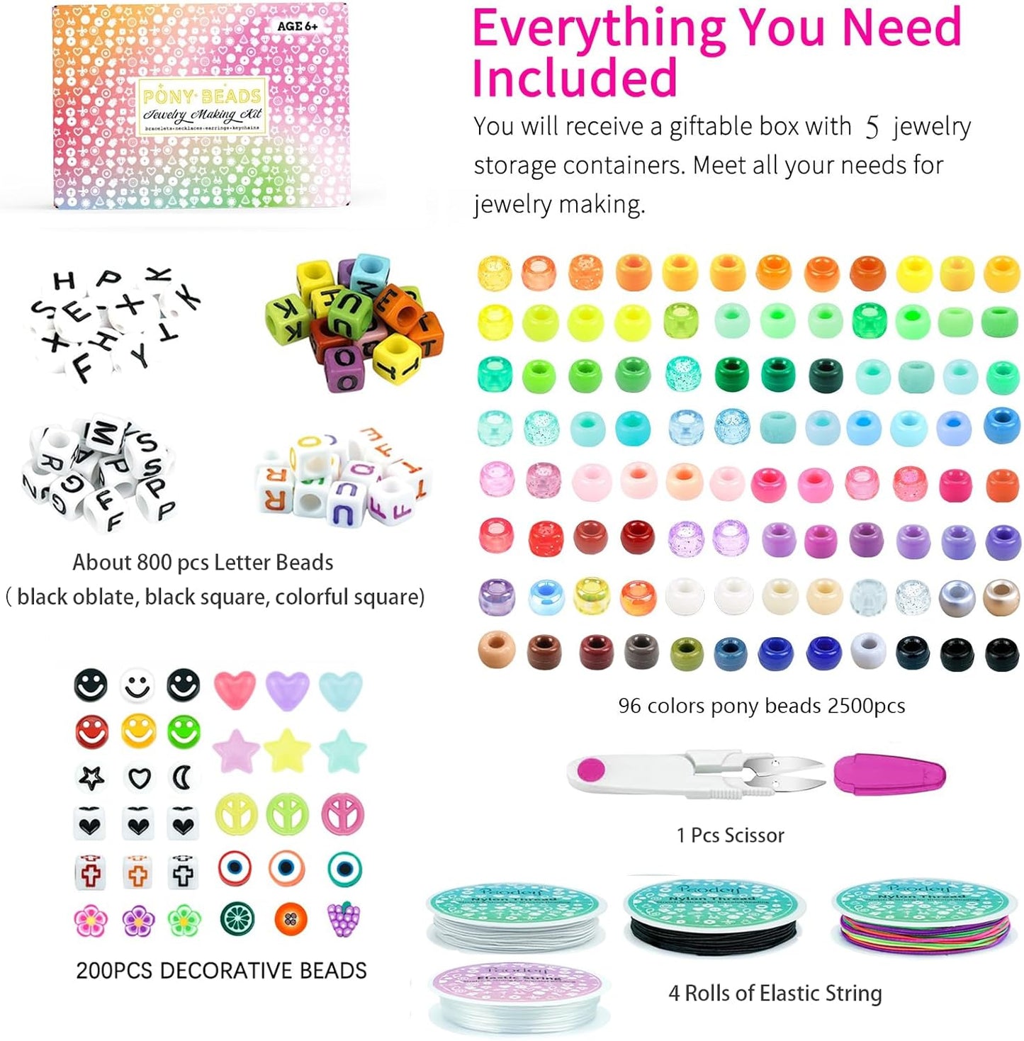 Paodey 5 Boxes Bracelet Making Kit Pony Beads, 96 Colors 6x9mm Kandi Rave Beads for Bracelets Friendship Plastic Beads with 800Pcs Letter Bead DIY Arts and Crafts for Kids Adults Keychain Jewelry Making