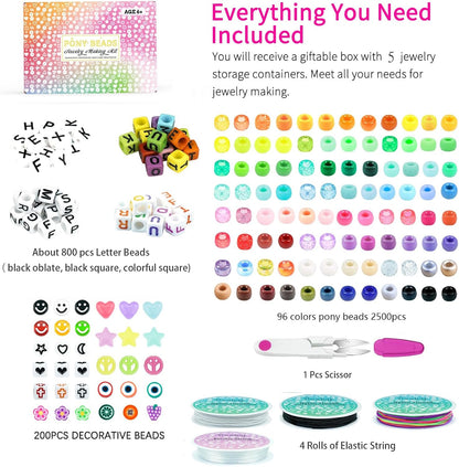 Paodey 5 Boxes Bracelet Making Kit Pony Beads, 96 Colors 6x9mm Kandi Rave Beads for Bracelets Friendship Plastic Beads with 800Pcs Letter Bead DIY Arts and Crafts for Kids Adults Keychain Jewelry Making