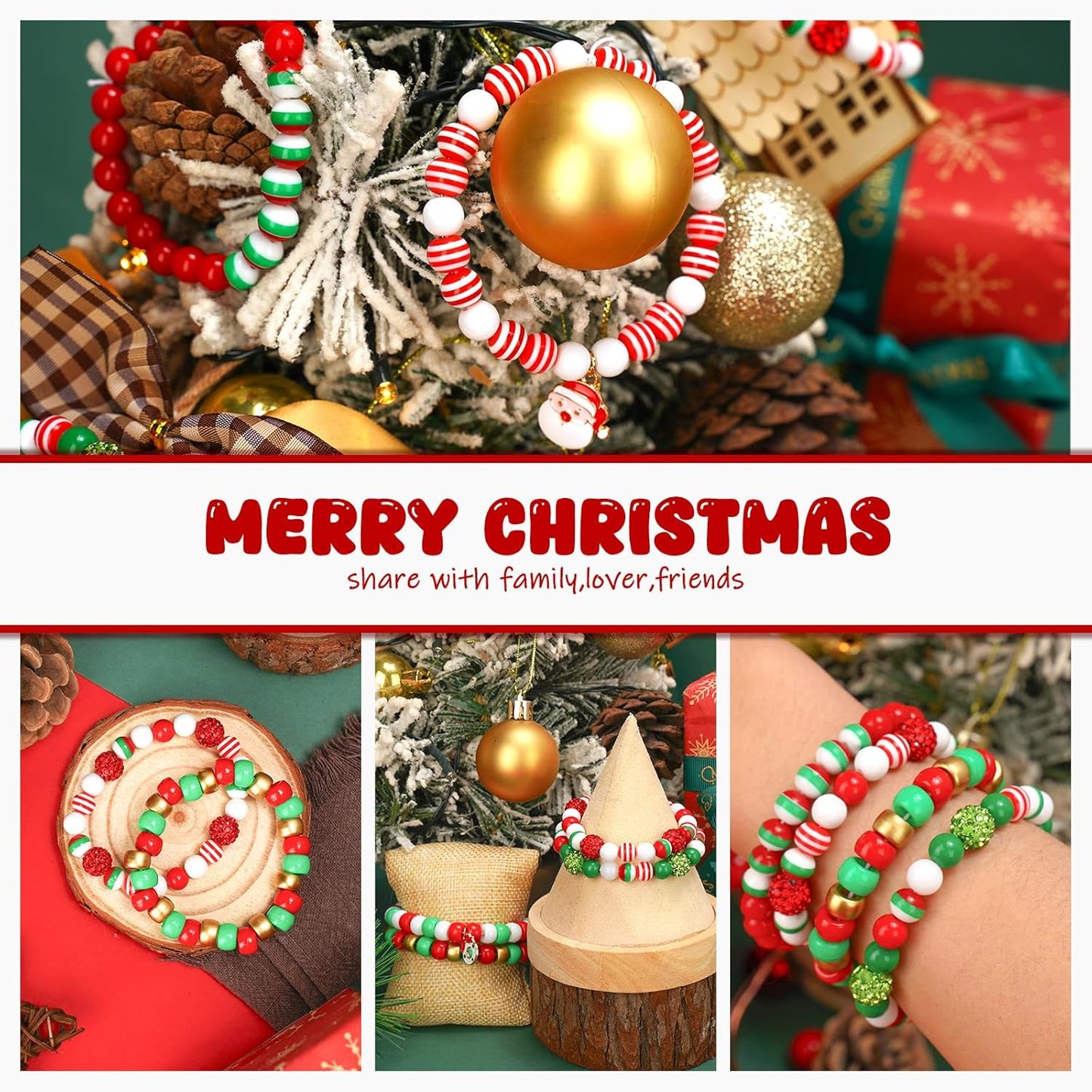 Christmas Beads for Bracelets, 500Pcs Pony Beads Kit with Christmas Tree Snowflake Charms Xmas Party Decor Red Green Assorted Beads Gifts for Girls Kids DIY Jewelry Making Crafts Stocking Stuffers