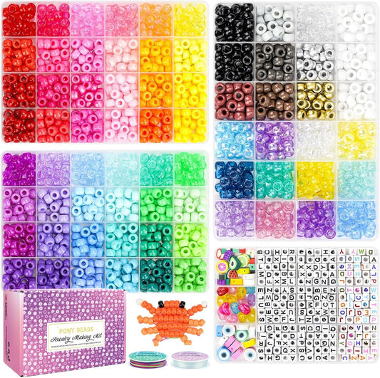 Paodey 4 Boxes Pony Beads 72 Colors 9mm Friendship Bracelets Making Kit, Rainbow Kandi Beads Bulk Letter Beads for Name Bracelets Jewelry Making Crafts with Elastic String