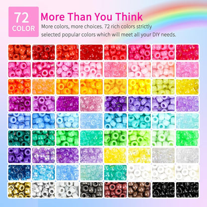 Paodey 4 Boxes Pony Beads 72 Colors 9mm Friendship Bracelets Making Kit, Rainbow Kandi Beads Bulk Letter Beads for Name Bracelets Jewelry Making Crafts with Elastic String