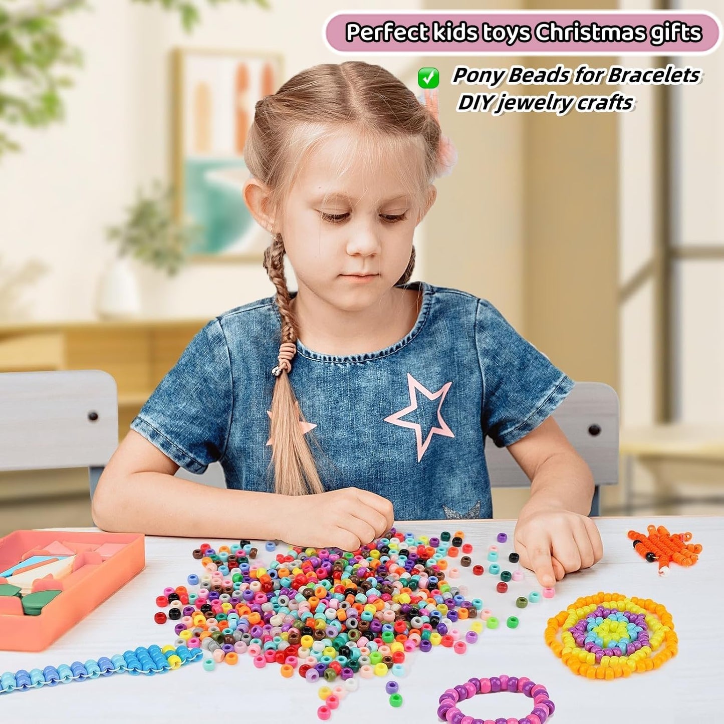 Paodey 5 Boxes Bracelet Making Kit Pony Beads, 96 Colors 6x9mm Kandi Rave Beads for Bracelets Friendship Plastic Beads with 800Pcs Letter Bead DIY Arts and Crafts for Kids Adults Keychain Jewelry Making