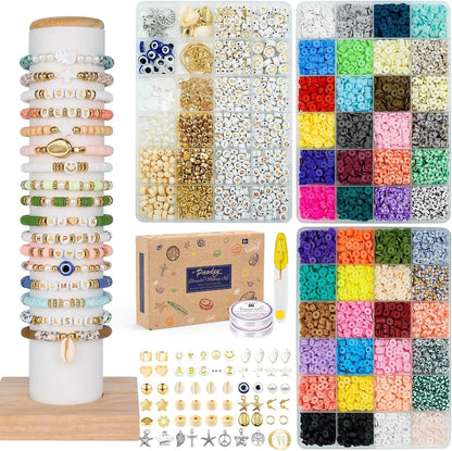 Paodey Bracelet Making Kit, 10,000 Pcs Polymer Clay Beads, 48 Colors Round Letter Beads Jewelry Making Kit Friendship Bracelets Heshi Beads with Charms Strings Crafts Gift for Girls Adults