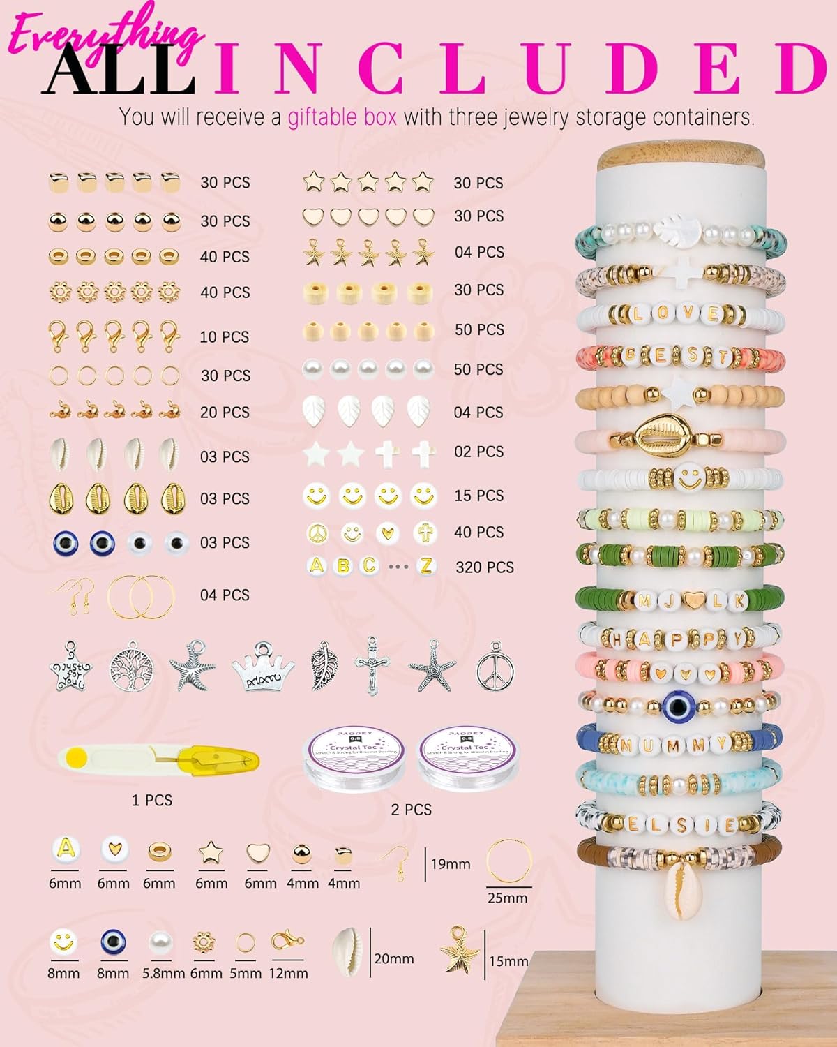 Paodey Bracelet Making Kit, 10,000 Pcs Polymer Clay Beads, 48 Colors Round Letter Beads Jewelry Making Kit Friendship Bracelets Heshi Beads with Charms Strings Crafts Gift for Girls Adults